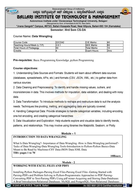 Data wrangling syllabus - Semester: IIIrd Sem CS-DA Course Name: Data ...