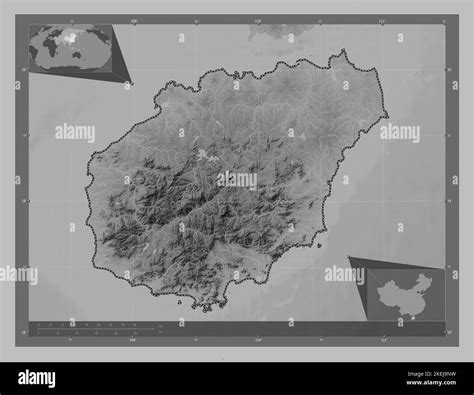 Hainan, province of China. Grayscale elevation map with lakes and rivers. Corner auxiliary ...