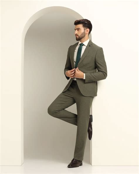 Two Piece Olive Green Solid Formal Suit - Juttex