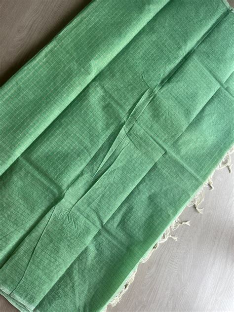 Soft Aqua Green Simple Zari Checks Cotton Starched Saree (Without blou ...