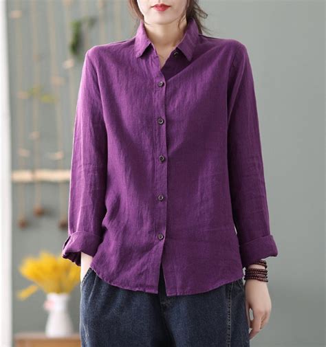 Women's 100% Linen Shirt, Long Sleeves Shirt, Linen Tunic Tops, Loose ...