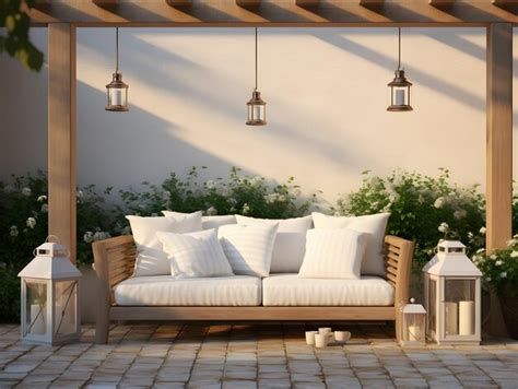 Outdoor living area with some couches and lanterns | Premium AI ...