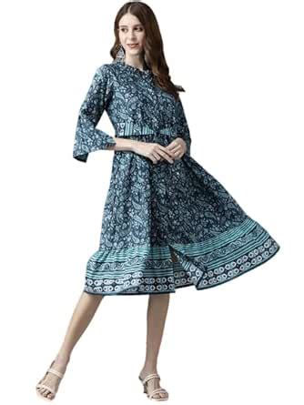 Buy Rain & Rainbow Women Navy Blue Ethnic Motifs A-Line Dress at Amazon.in