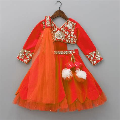 V Neck Floral Embroidered Red Top And Scalloped Hem Lehenga With Net D ...