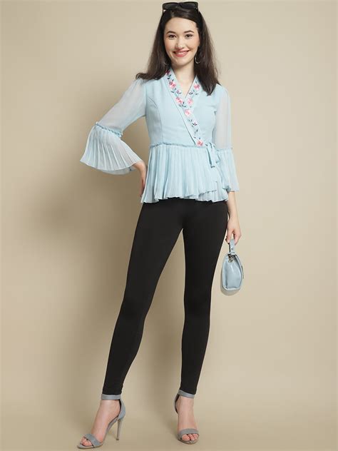 Sky Blue Georgette Top With Ruffle Sleeve