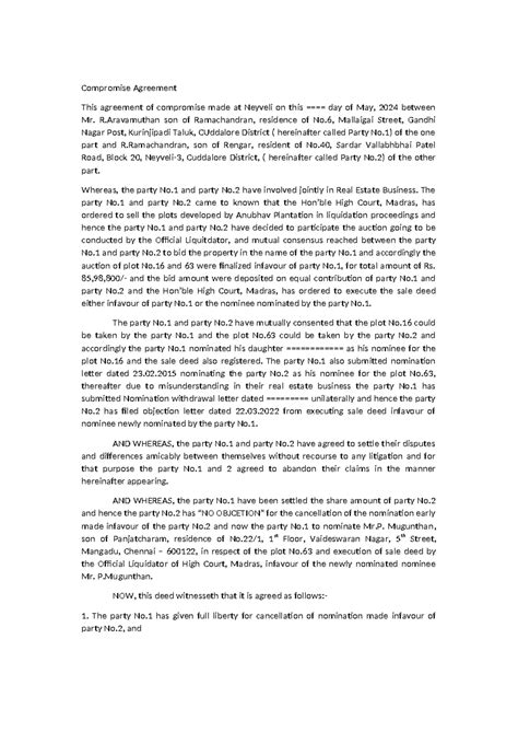 Compromise Agreement - Compromise Agreement This agreement of ...