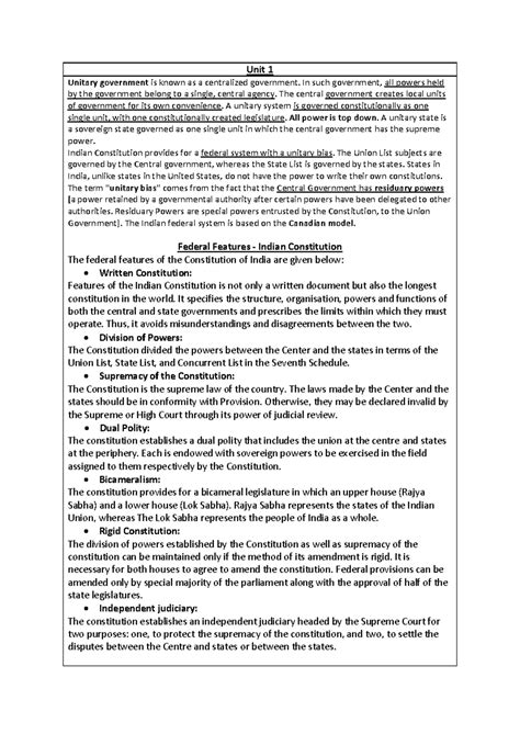 KSLU-Constitution-1 Notes - Unit 1 Unitary government is known as a ...