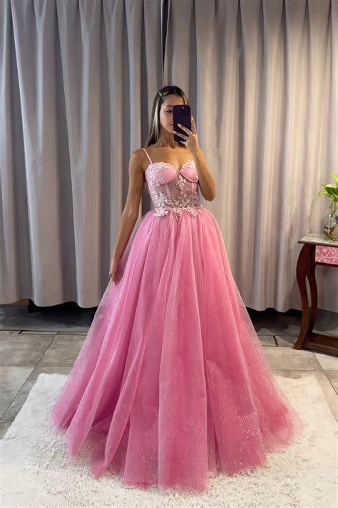 Pink Spaghetti Strap Tulle Lace Long Prom Dress, Beautiful A-Line Even