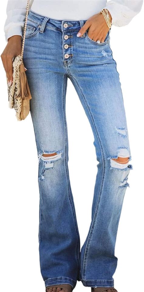 Buy Sidefeel Women Ripped Flare Jeans Mid Rise Fitted Denim Pants ...