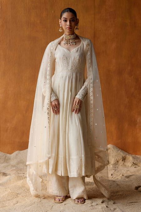 Buy Off White Anarkali And Pant Cotton Mulmul Embroidered Mirror Tower ...