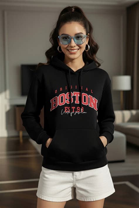 Boston Black Regular Fit Front Printed Hoodie – Juneberry