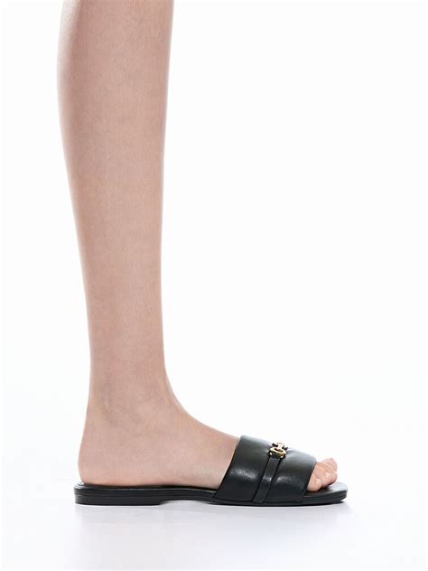 Black Metallic Accent Round-Toe Slide Sandals - Black - CHARLES & KEITH IN