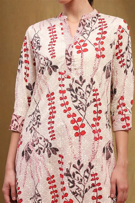 White & Red Cotton Printed Straight Kurta at Biba India