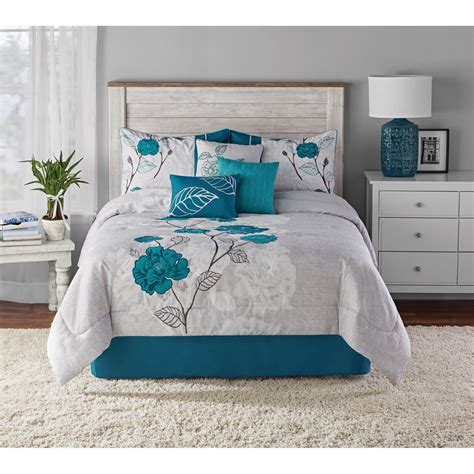 Mainstays 7-Piece Teal Roses Comforter Set, King - Walmart.com ...