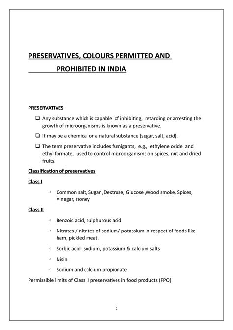 Preservatives - Lecture notes 5-6 - PRESERVATIVES, COLOURS PERMITTED ...