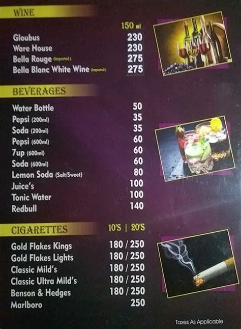 Menu at TRANZ BAR, Chennai, bus terminus