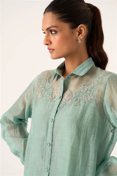 Charlotte powder blue hand embroidered chanderi-organza shirt