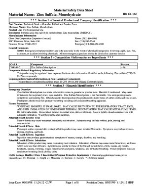 Fillable Online Material Safety Data Sheet Material Name Zinc Sulfate ...