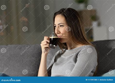 Relaxed Woman Drinking Decaffeinated Coffee in the Night Stock Image - Image of homeowner ...