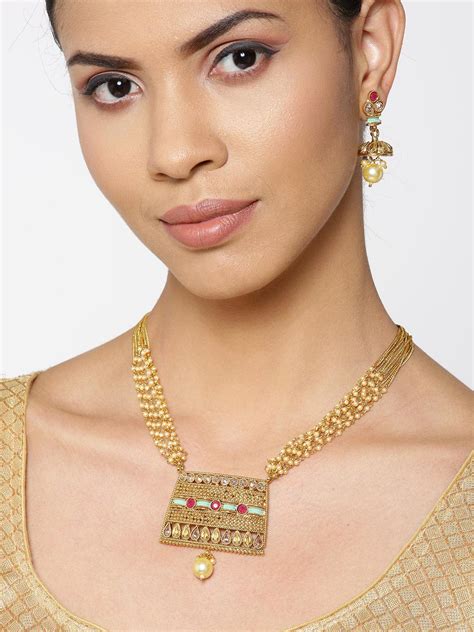 White Beads Kundan Ruby Gold Plated Multistrand Jewellery Set – Priyaasi