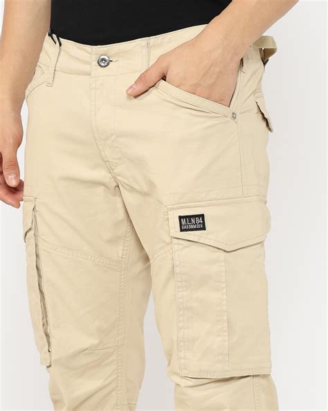 Slim Straight Fit Mid Rise Beige Cargo Trousers