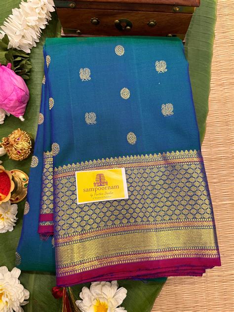 Mayil Kazhuthu Blue with Magenta Selvedge, Annam and Rudraksh Small Za ...