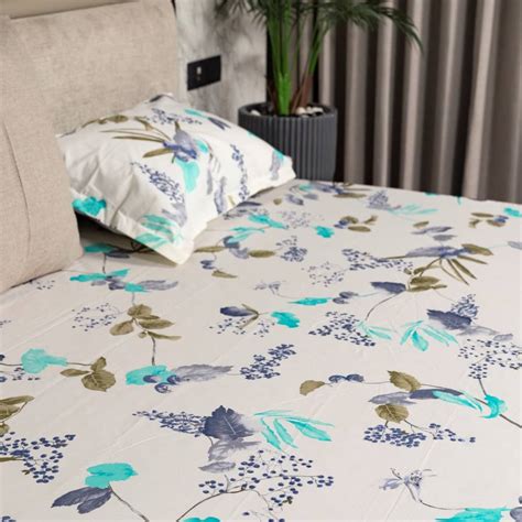 200 TC Cotton Bedsheet, Double & King size Cherry Blossom Blue Bedsheet