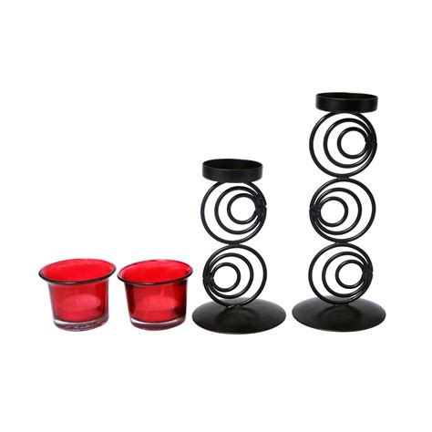 Hosley Black Powdercoated Metal Candle Holders with Red Glass - Set of ...