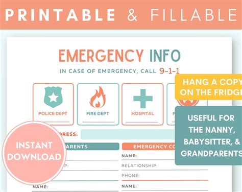 Emergency Contact Info Sheet: Contact Information for Nanny, Babysitter ...