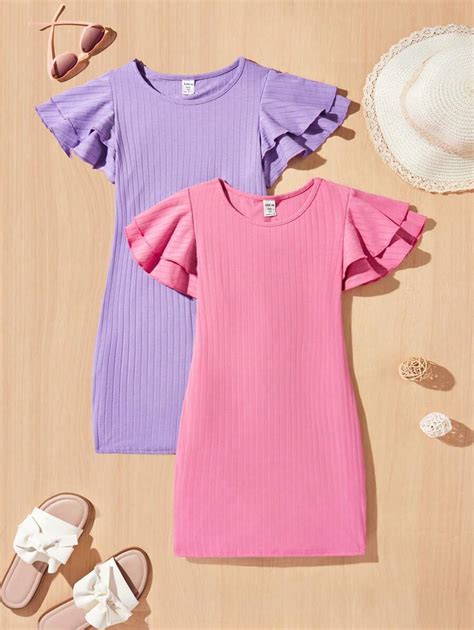 SHEIN 2pcs/Set Tween Girl Knit Ribbed Casual Double Layer Ruffle Short ...