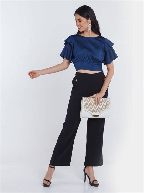 Navy Blue Solid Flared Sleeve Crop Top