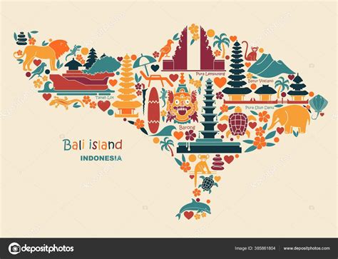 Map of Bali Islands, Indonesia with traditional symbols of architecture, culture and nature ...