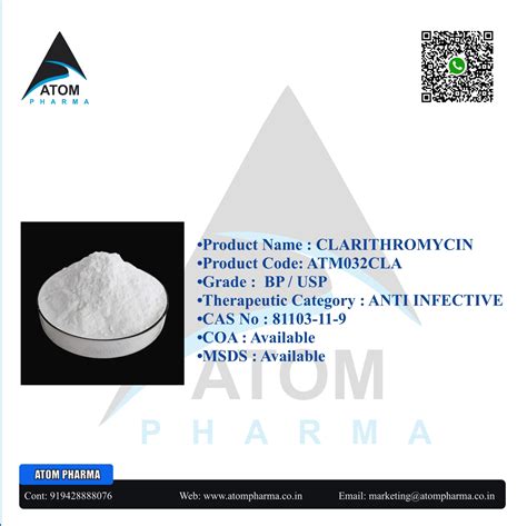 CLARITHROMYCIN API Suppliers & Exporters in | CAS No 81103-11-9 ATOMPHARMA