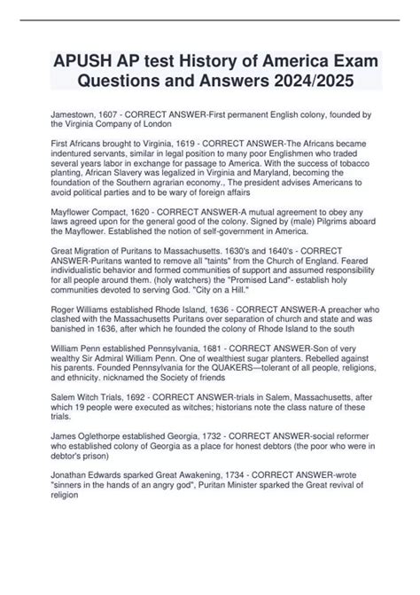 APUSH AP test History of America Exam Questions and Answers 2024/2025 ...