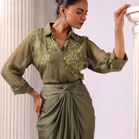 OLIVE GREEN ORGANZA EMBROIDERED TOP DRAPED SATIN SKIRT – K.Anshika