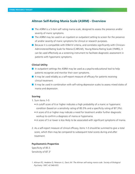 Altman Self-Rating Mania Scale - n The ASRM may be used in an inpatient ...