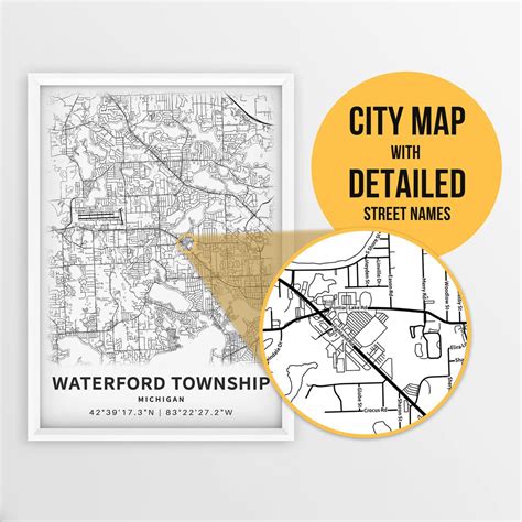 Printable Map of Waterford Township, Michigan, USA With Street Names - Instant Download  City ...