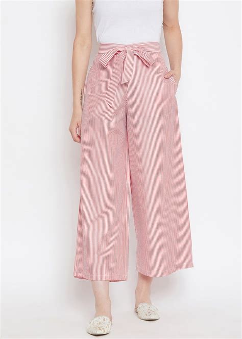 Get Solid Striped Waist Tie Flared Trousers at ₹ 889 | LBB Shop