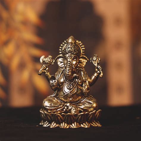 Brass Left-Trunk Ganesha Murti | 3" Ekadanta Idol Sitting on Lotus for