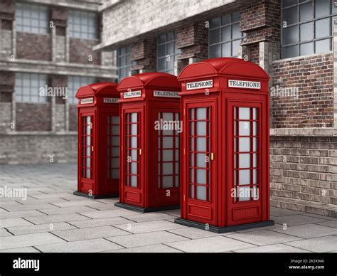 Red British phone booths in the street. 3D illustration Stock Photo - Alamy
