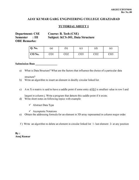 Tutorial-1 KCS-301 2022-23 - AKGEC/CDT/FM/ Rev No.: AJAY KUMAR GARG ...