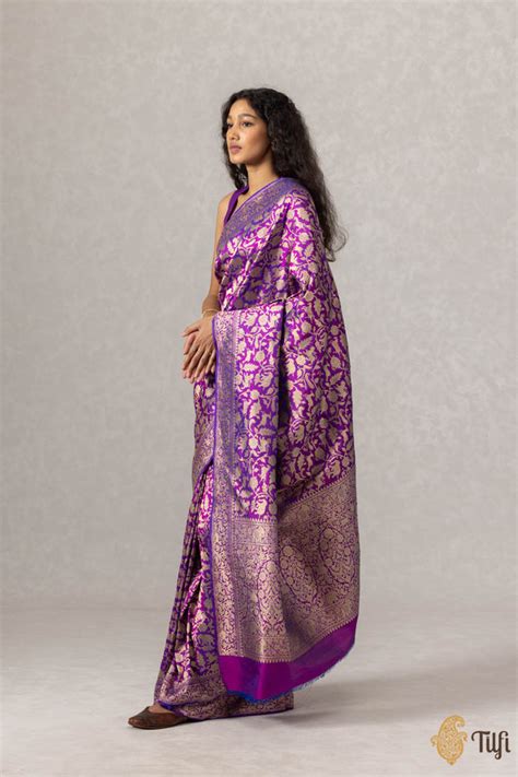 Blue-Rani Pink Pure Katan Silk Banarasi Shikaargah Handloom Saree - Tilfi