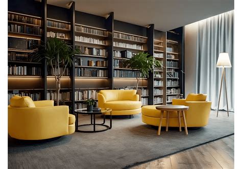 Chic Black-Walled Reading Lounge with Yellow Accent Seating and Backli ...