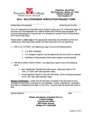 Fillable Online 2015 2016 CITIZENSHIP VERIFICATION REQUEST FORM Fax ...