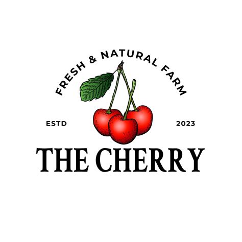 Cherries and cherry tree's branch logo. Hand drawn engraving style ...