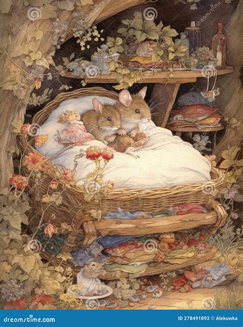 Watercolor Vintage Drawing Children S Book Illustration Family of Mice ...