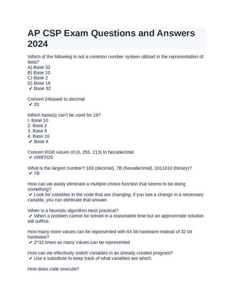 AP CSP Exam Questions and Answers 2024 | Exams Computer Science | Docsity