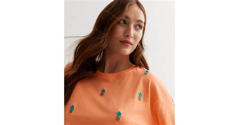 Coral Pineapple Embroidered Boxy T-Shirt | New Look