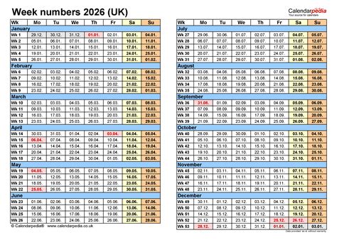 Week numbers 2026 with PDF, Excel and Word templates