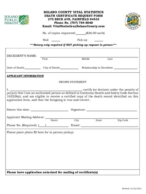 2021-2026 CA Death Certificate Request Form - Solano County - Blank ...